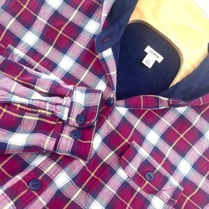 L.L.Bean Jacket 1X Hooded Burgundy Purple Plaid Fleece Lined Flannel Shacket